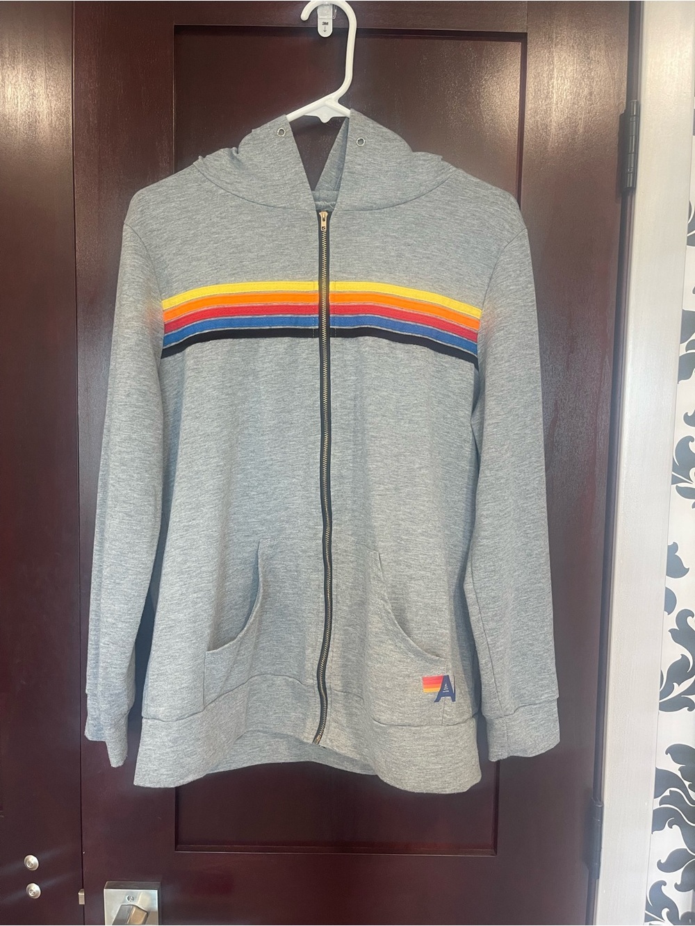 Women's Gray Zip Up Lightweight Hoodie with Rainbow Stripe